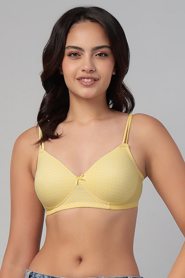 Padded Non-Wired Full Coverage Geometric Print T-shirt Bra in Light Yellow