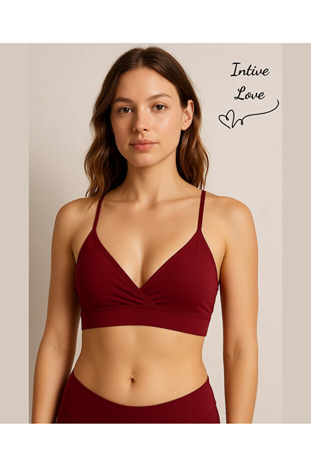 Aurafit Back Cross Deep Decollete Sports Bra with String Straps/Bustier-9026/Burgundy