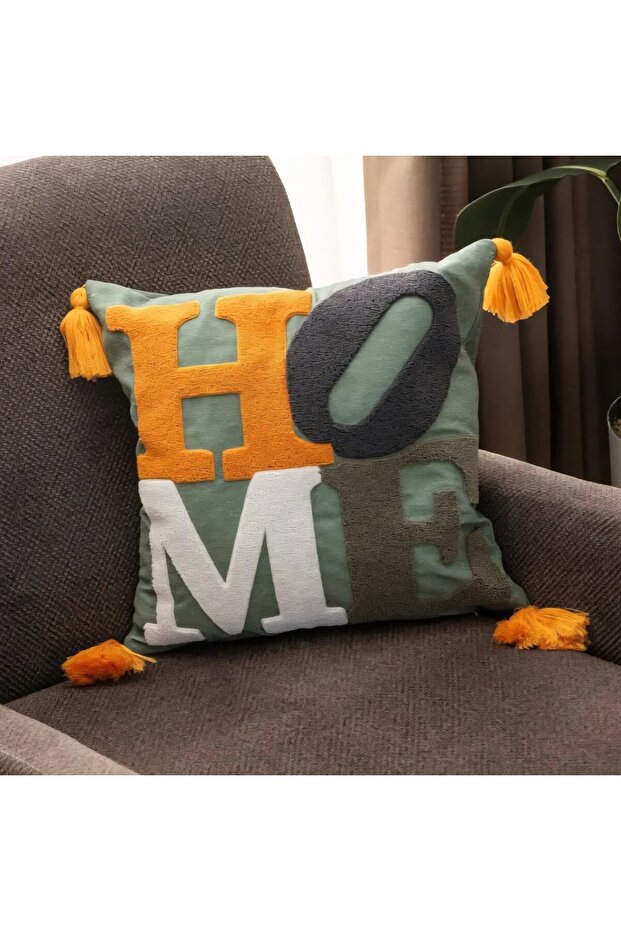 Punch Embroidered Home Written Decorative Pillow – 43X43 Cm, Zippered, Filled