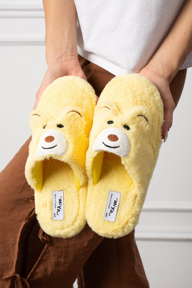 Women's House Slippers Teddy Bear Figured Plush House Slippers Do Not Make Sound Sole Warm Stylish Design