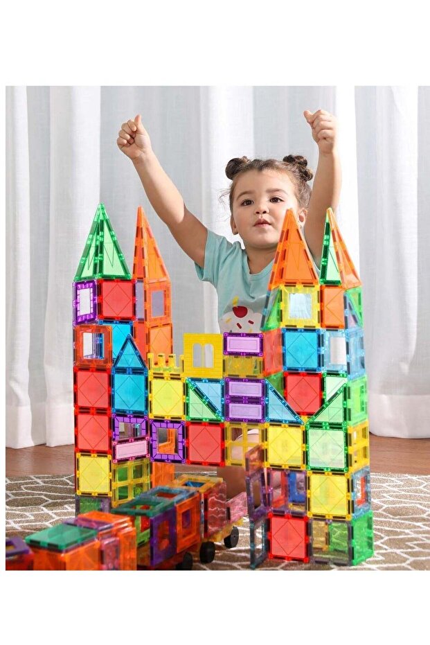 100 Pcs High quality Magnetic Building Tiles for Kids – Educational Set with Cars & Geometric Shapes