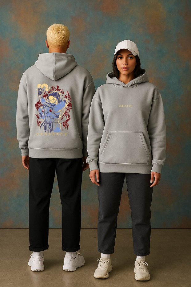 Lenithra He-Man Skeletor Anime Back Printed Unisex Oversize Gray Hoodie