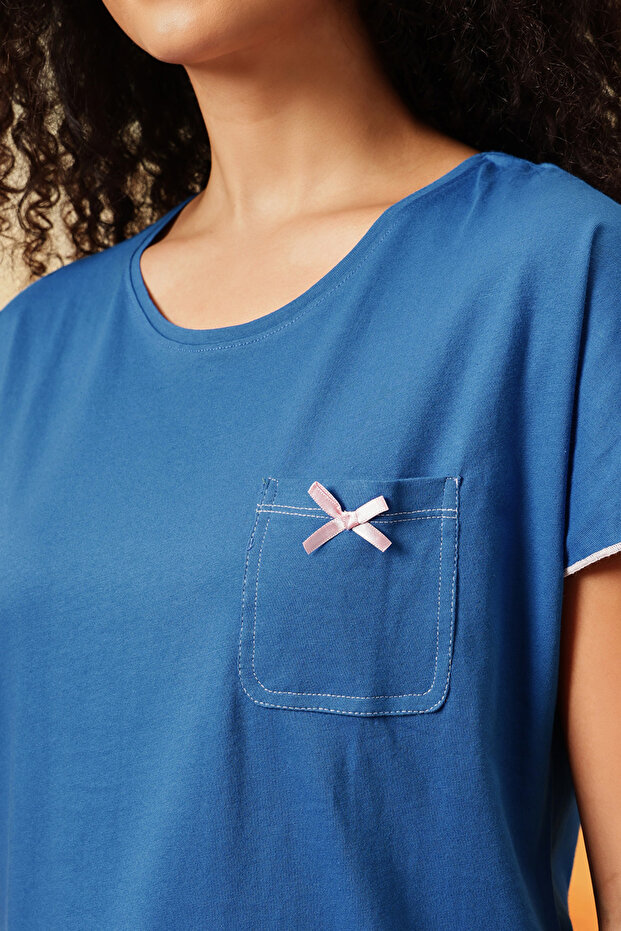 طقم أنيق من بلوزة وشورت باللون الأزرق - قطن ١٠٠٪ - 7