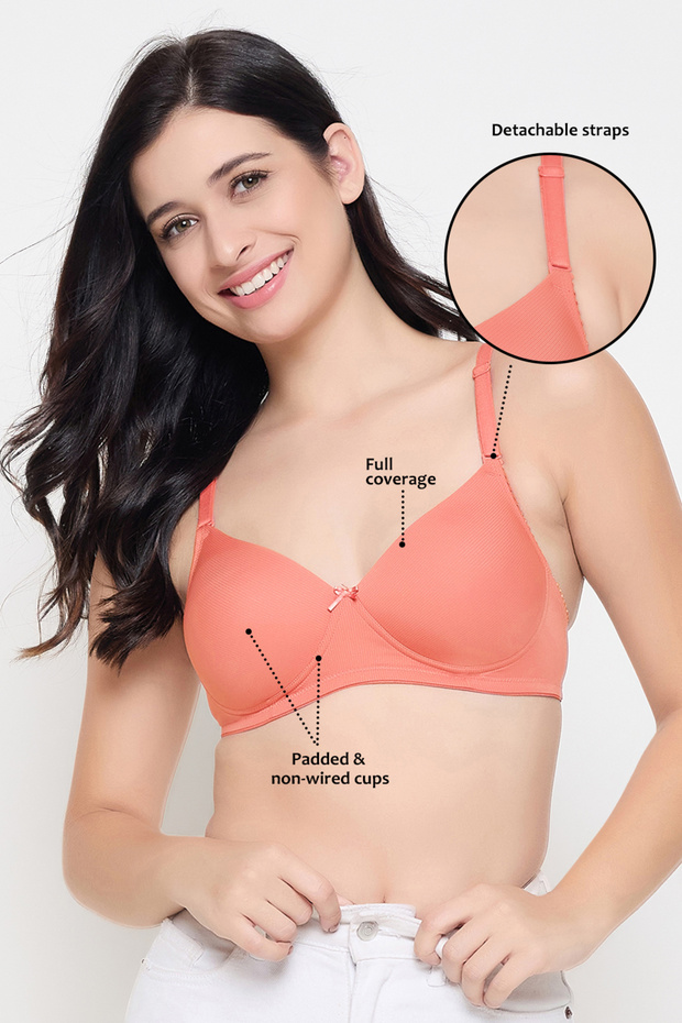 Padded Non-Wired Full Coverage Self-Striped Multiway T-shirt Bra in Peach