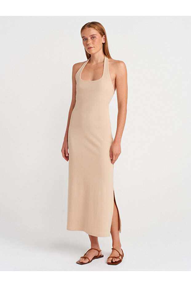 91510 Halter Yaka Midi Elbise-Açık Bej - 1