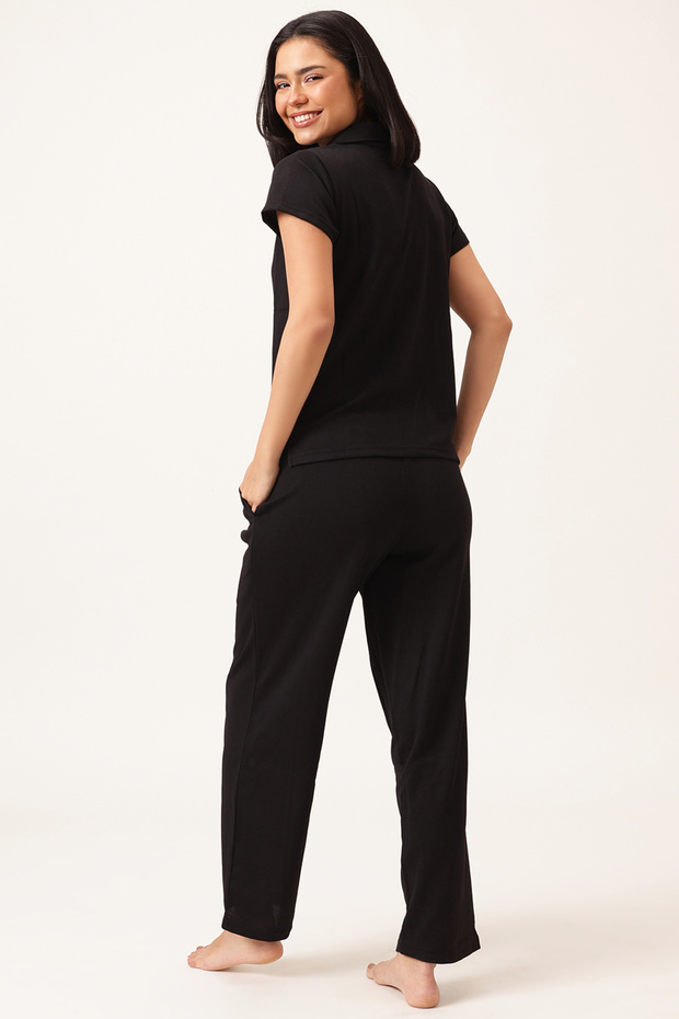 Chic Basic T-shirt & Pyjama Set in Black - Waffle - 5