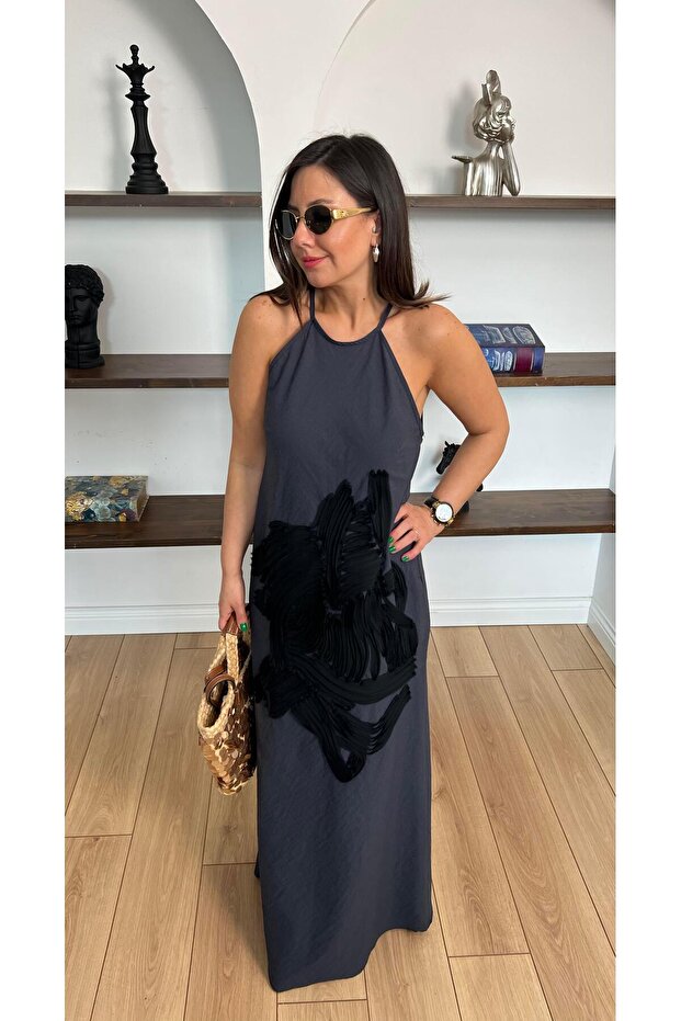 Önü Tül Detaylı Antrasit Uzun Elbise - 5