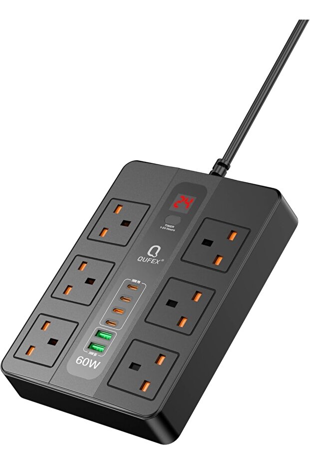Smart Power Strip by QUFEX, Digital Timer, Fast and Safe Charging (Black)