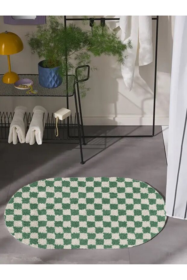 Checkerboard Patterned Non-Slip Base Washable Oval Bath Mat One Piece 60X100 cm Shaggy Chess