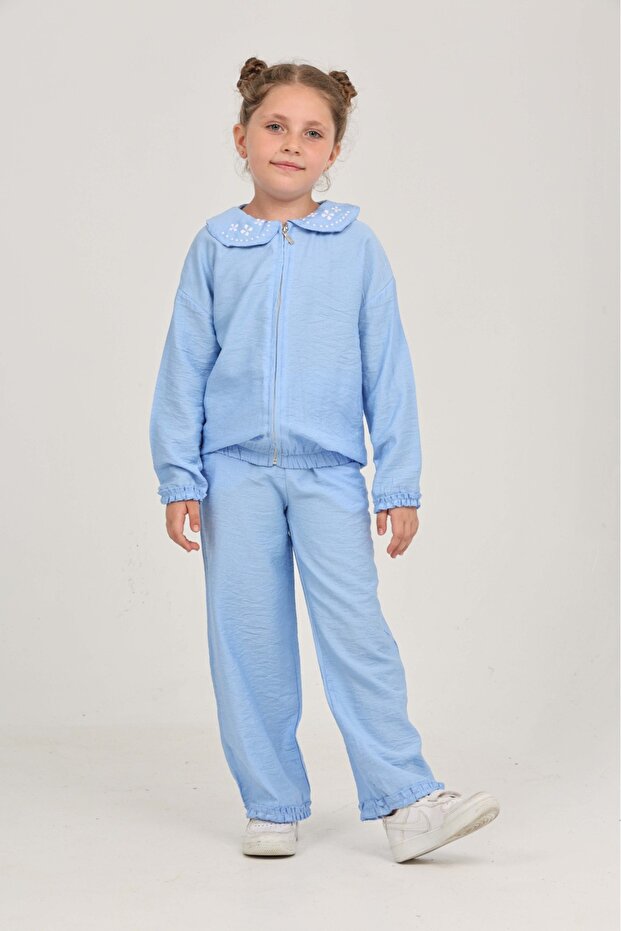 Girl's Collar Embroidered Tracksuit Set