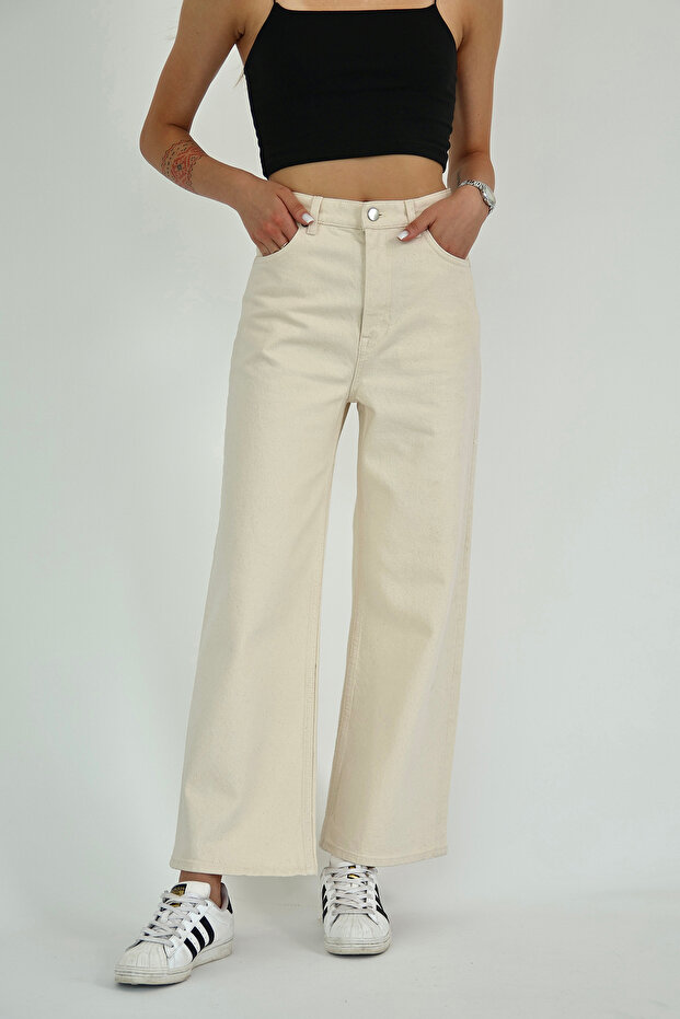 Ekru Yüksek Bel Bilek Boy Culotte %100 Pamuklu Jeans TWOAW26JE00190 - 7