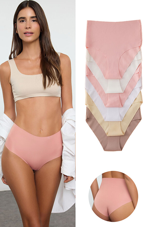 Pembe 6'lı Micro Dikişsiz/İz Yapmaz Lazer Kesim Yüksek Bel Hipster Örme Külot THMAW25KU00038 - 1