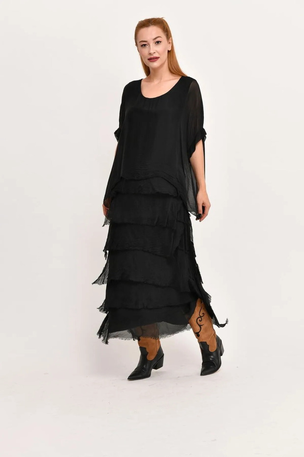 Women's Italian Half Sleeve Layered Long Black Silk Dress