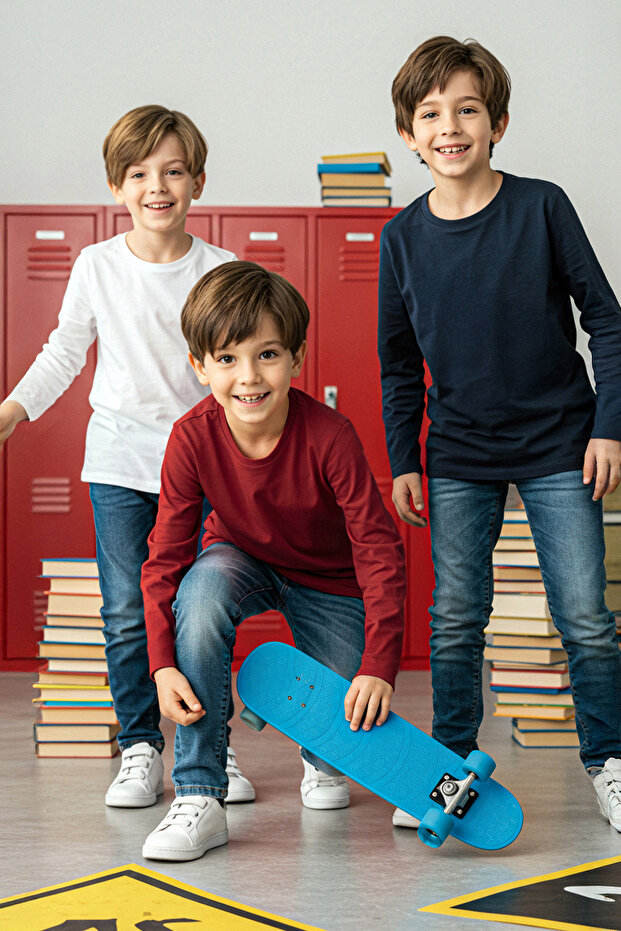 Lacivert-Bordo-Ekru 100% Pamuk 3'lü Düz/Basic Regular Unisex Çocuk Örme Okul T-Shirt TKDAW26TS00004 - 1