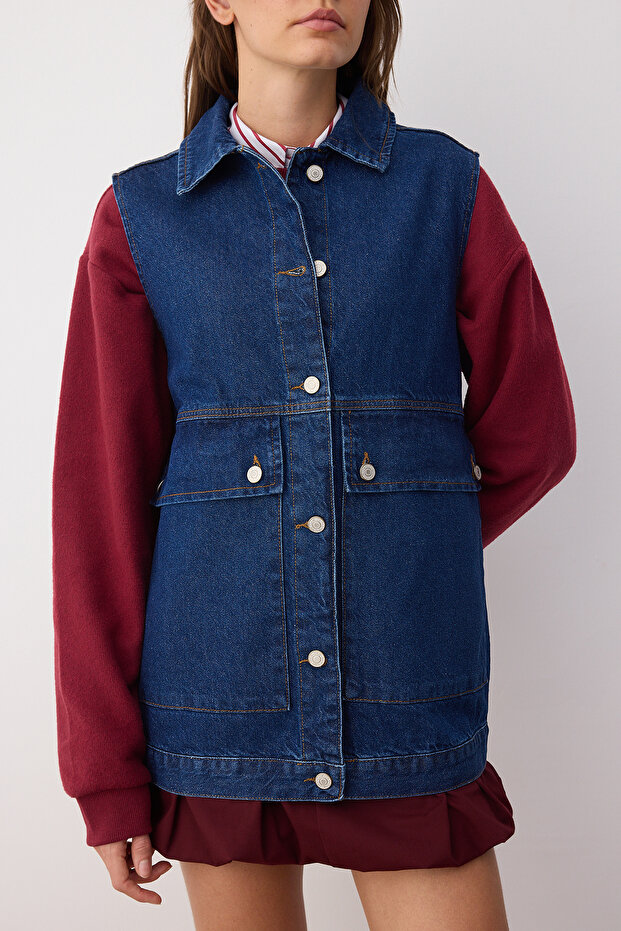 Koyu Mavi Gömlek Yaka Cep Detaylı %100 Pamuk Denim Yelek Ceket TCTAW22CK0006 - 3
