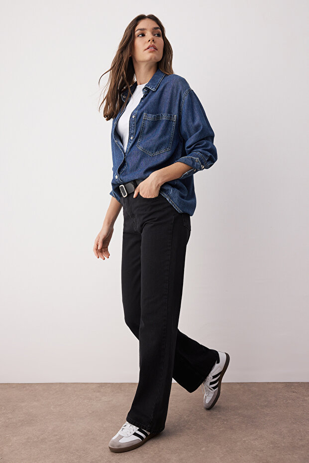 Siyah Normal Bel Wide Leg Jeans TWOSS25JE00056 - 2