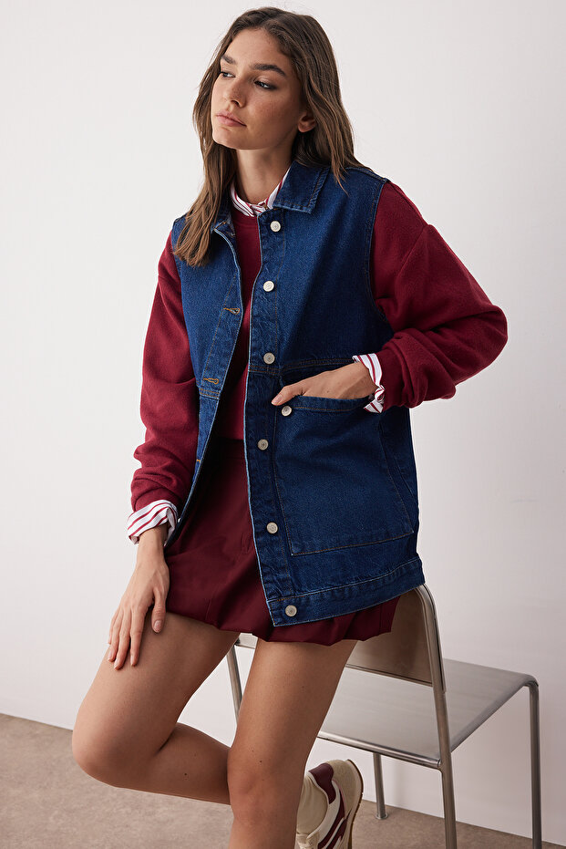 Koyu Mavi Gömlek Yaka Cep Detaylı %100 Pamuk Denim Yelek Ceket TCTAW22CK0006 - 1