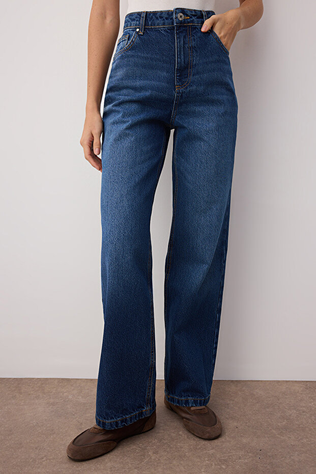 Koyu Mavi Yüksek Bel Wide Leg Geniş Paça %100 Pamuk Non-Stretch Jeans TWOSS25JE00276 - 3
