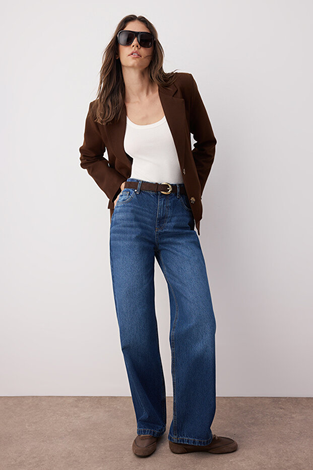 Koyu Mavi Yüksek Bel Wide Leg Geniş Paça %100 Pamuk Non-Stretch Jeans TWOSS25JE00276 - 1