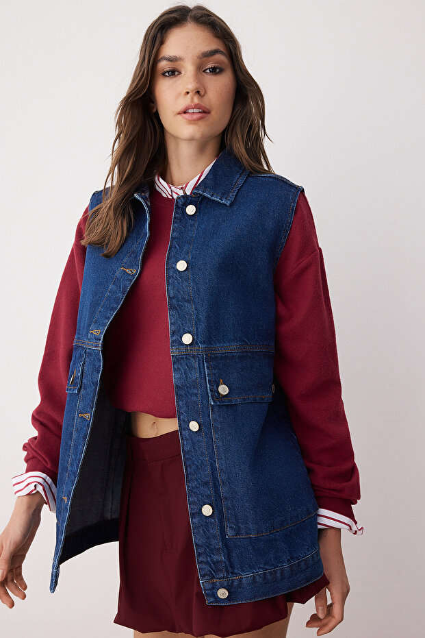 Koyu Mavi Gömlek Yaka Cep Detaylı %100 Pamuk Denim Yelek Ceket TCTAW22CK0006 - 2