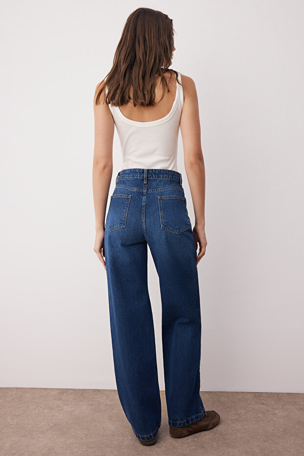 Koyu Mavi Yüksek Bel Wide Leg Geniş Paça %100 Pamuk Non-Stretch Jeans TWOSS25JE00276 - 4