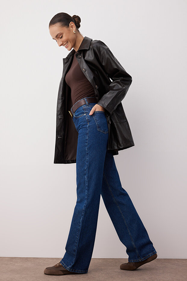 Koyu Mavi Yüksek Bel Wide Leg Geniş Paça %100 Pamuk Non-Stretch Jeans TWOSS23JE00068 - 2