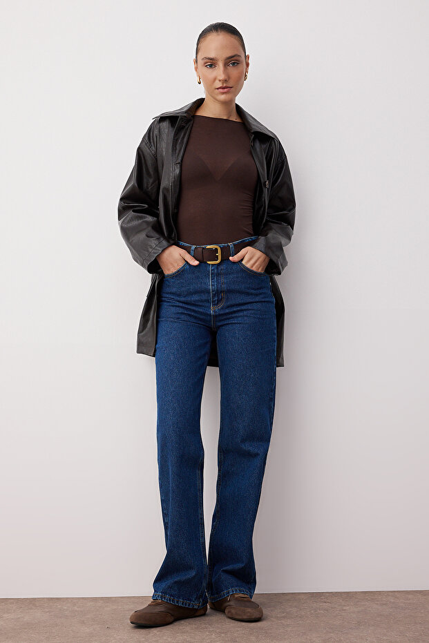 Koyu Mavi Yüksek Bel Wide Leg Geniş Paça %100 Pamuk Non-Stretch Jeans TWOSS23JE00068 - 1