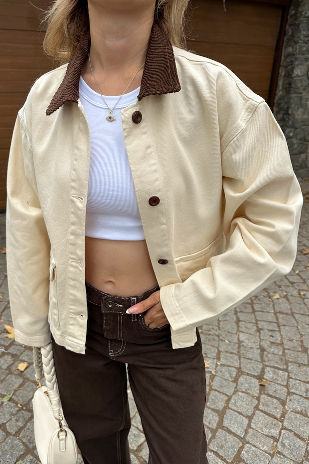 Ekru Fitilli Kadife Yaka Detaylı Denim Gömlek Ceket TWOAW26CE00004 - 4