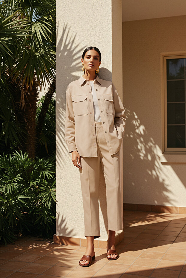 Krem Gabardin Kumaş Safari Cep Detaylı Çıtçıt Detay Gömlek-Pantolon Dokuma Takım TCTAW22US0013 - 1