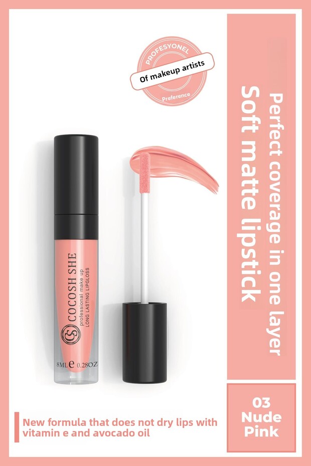 Soft Matte Liquid Matte Lipstick 03 Nude Pink, Vitamin E, Avocado Oil, Creamy Texture, Matte Finish, Non-Smudging