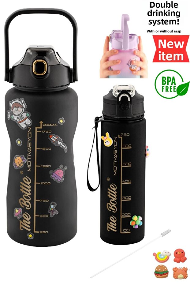 Premium Bpa Free 2-Piece Motivational 2-Liter Water Flask + 750ml Water Flask, Water Bottle, Water Bottle