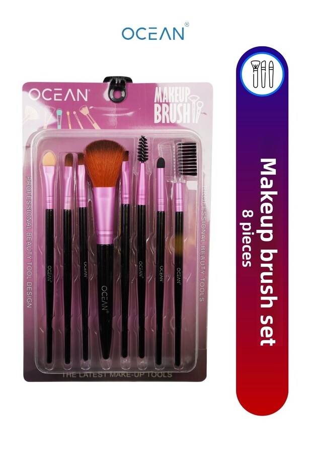 مجموعة فرش مكياج أساسية مكونة من 8 قطع - وردي - 1