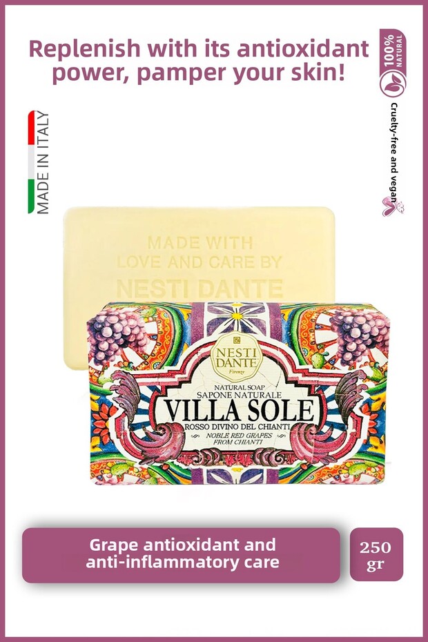 Villa Sole Rosso Divino Del Chianti صابون صلب 250 جرام | مستخلص العنب | مضاد للأكسدة | صابون الحمام