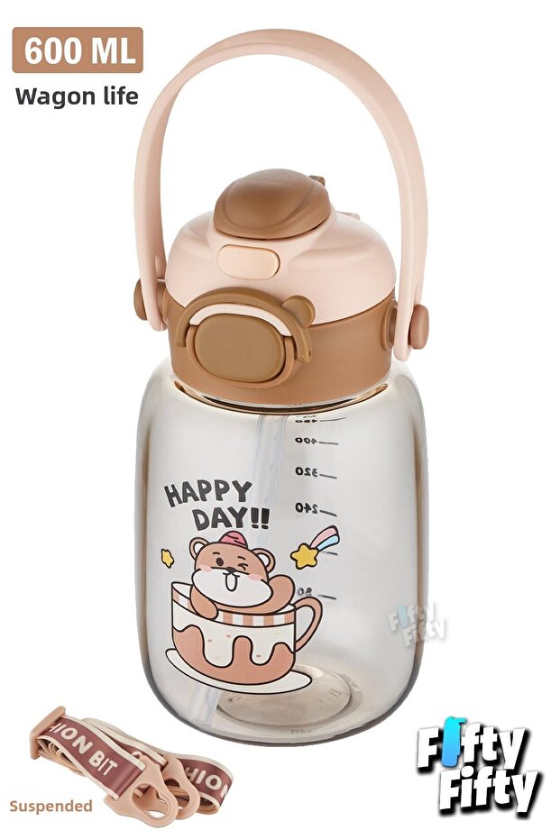 600 ML Single Lid Water Bottle with Strap and Carrying Handle - with/without Straw FFVGN2028 - 1