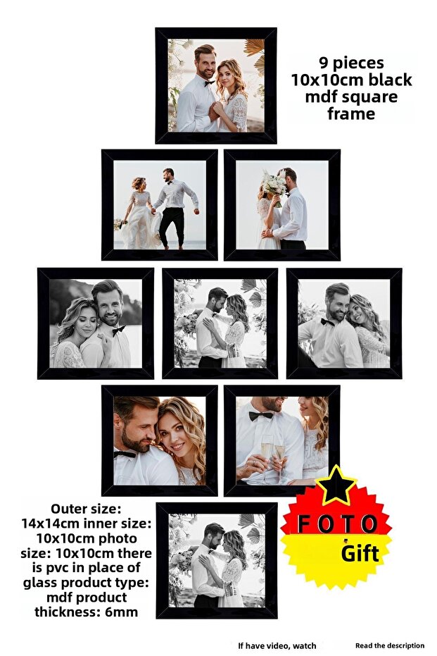 9 Pieces 10X10 Frame - Square Frame - Mdf Black Frame - Multiple Photo Frame Set