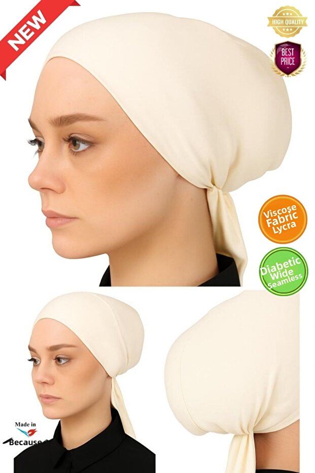 XL Wide Fit Hijab Inner Bonnet - Viscose L Stretch Fabric Fabric - Diabetic Bonnet - Ecru