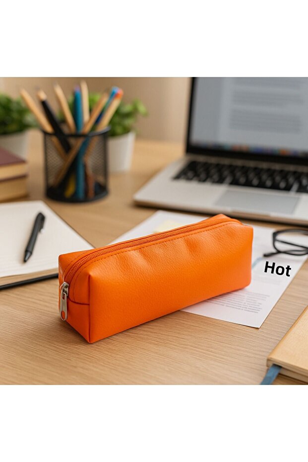 Minimalist Orange Pen Holder Faux Leather