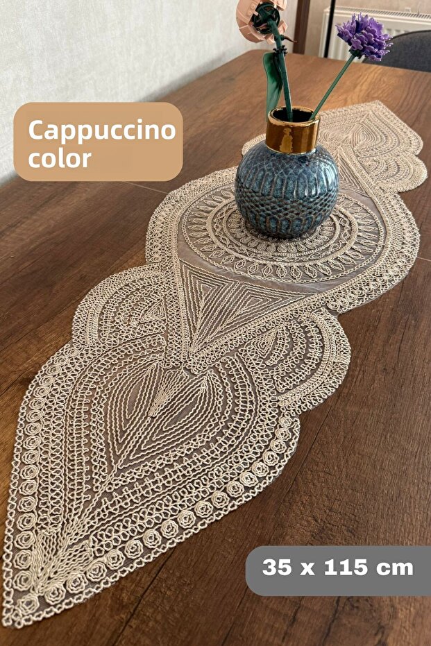 Mediterranean Model Cappuccino-Milk Coffee Color Oval Dry Runner Special Embroidered Lace Detail (115X35Cm)