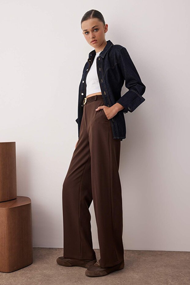 Koyu Kahverengi Geniş Paça Wide Leg Bootcut Dokuma Kumaş Pantolon TWOAW21PL0332 - 8