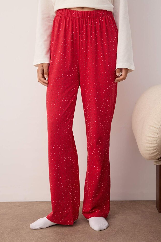 Beyaz %100 Pamuklu Kurdele/Fiyonklu ve Puantiyeli Örme Pijama Takımı THMAW26PT00053 - 3