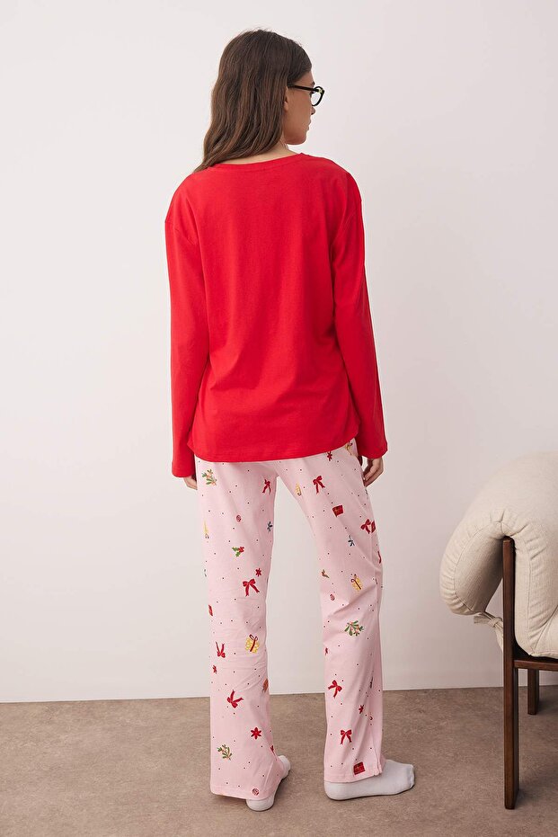 Kırmızı-Pembe %100 Pamuklu Yılbaşı Temalı Örme Pijama Takımı THMAW26PT00059 - 4