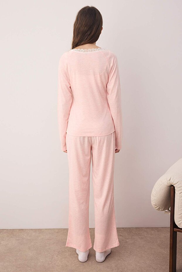 Pembe Pamuklu Dantel Detaylı Örme Pijama Takımı THMAW26PT00051 - 4