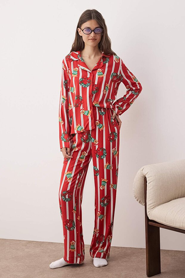 Burgundy Dog Printed Christmas-Themed Viscose Woven Pajama Set THMAW26PT00030