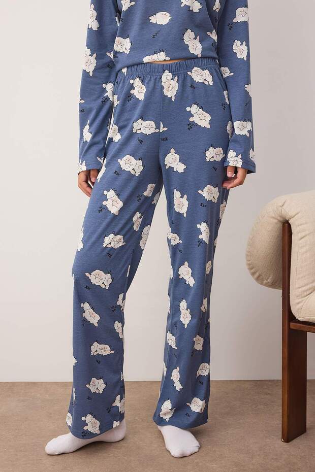 Lacivert %100 Pamuklu Uyku Temalı Kuzu Desenli Örme Pijama Takımı THMAW26PT00046 - 3