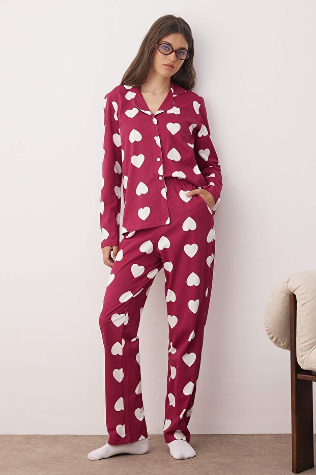 Mürdüm %100 Pamuklu Kalpli Gömlek-Pantolon Örme Pijama Takımı THMAW24PT00253 - 2
