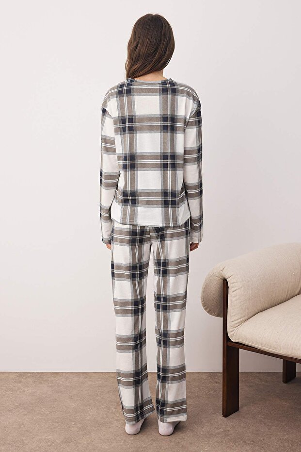Siyah-Beyaz %100 Pamuklu Ekoseli Örme Pijama Takımı THMAW26PT00046 - 4