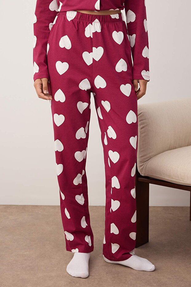 Mürdüm %100 Pamuklu Kalpli Gömlek-Pantolon Örme Pijama Takımı THMAW24PT00253 - 3