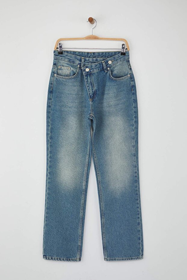 Mavi Yüksek Bel Asimetrik Kapama Bel Detaylı Straight/Düz Kesim/Boru Paça Jeans TWOAW26JE00132 - 5