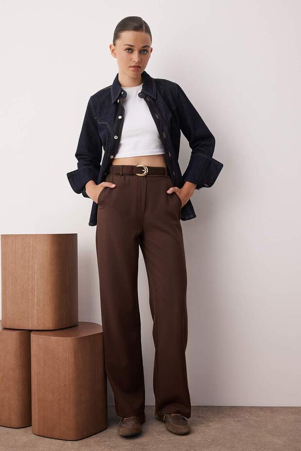 Koyu Kahverengi Geniş Paça Wide Leg Bootcut Dokuma Kumaş Pantolon TWOAW21PL0332 - 7