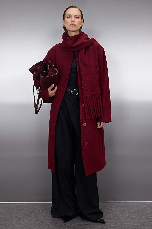 Bordo Şal Detaylı Mono Kapama Oversize Uzun Kaşe Kaban TWOAW26KB00041 - 2